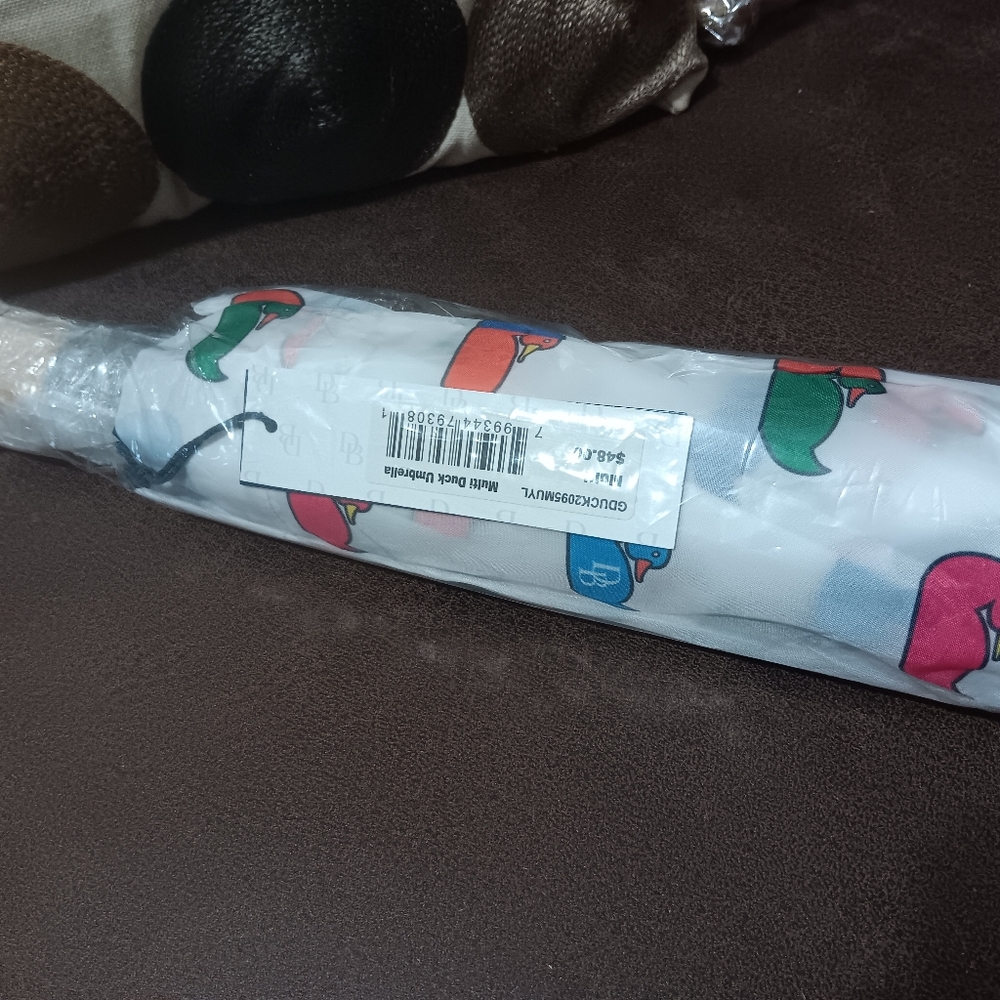 NWT Dooney & Bourke Multi Color Duck Push Button Umbrella White